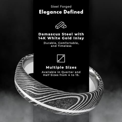 6mm Damascus Steel Men’s Wedding Band with 14K White Gold Inlay – Comfort Fit Ring – Textured Black Grain – Unique Handmade Look (15)
