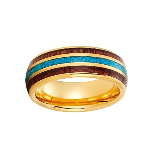 Turquoise Ring 14K Gold Wedding Bands Koa Wood Tungsten Rings for Men with Turquoise Inlays 8mm Unique Yellow Gold Rings Wooden Anniversary Gifts for Him