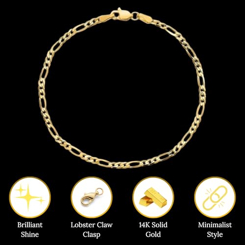 SHOP WGS 3.5MM 14K Solid Yellow Gold Figaro Bracelet for Women & Men