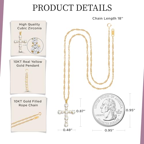 Jewelili 10K Yellow Gold Cross Pendant Necklace for Women