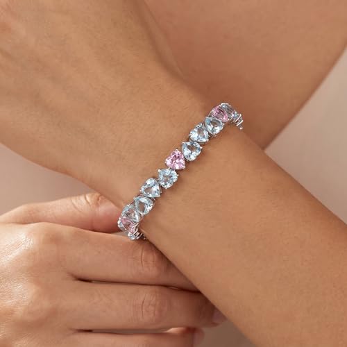 P3 POMPEII3 Pompeii 34.43Ct Heart Shape Pink & Blue Topaz Tennis Bracelet 14k White Gold 23.51grams