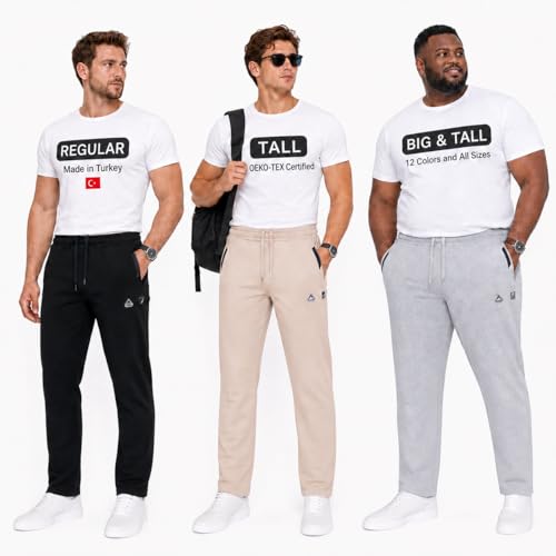 SCR Men's Tall Sweatpants - Made in Turkey Luxury Lounge, Athletic, Travel Sweat Pants for Men - 36 inch Inseam Extra Long - Zipper Pockets, 70% Cotton, Open Bottom, Large, 34Wx36L Big and Tall, Black