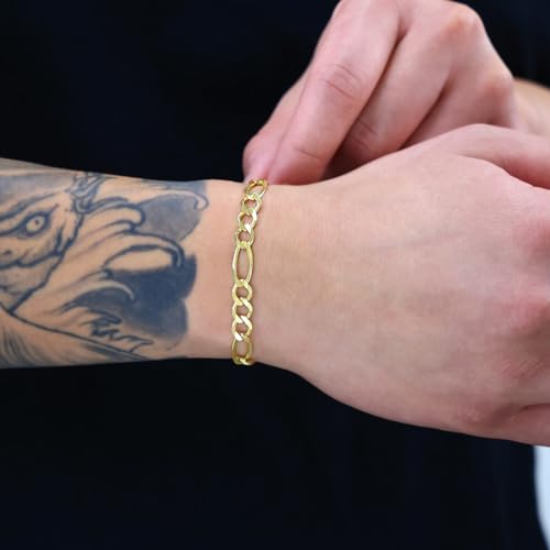 Nuragold 10K Real Yellow Gold Figaro Solid Link Chain Bracelet Men & Women - 7",6.5mm