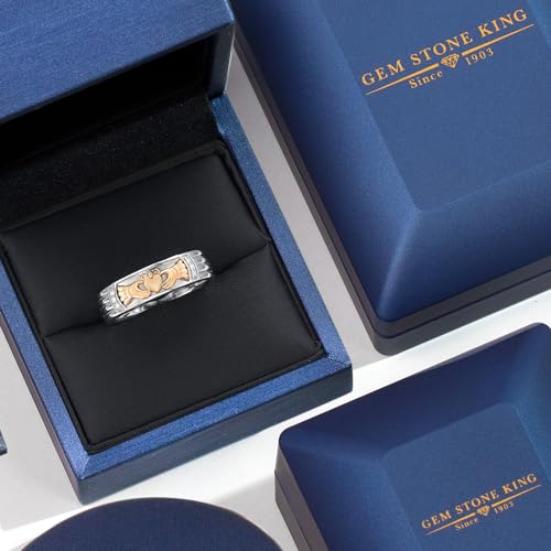 Gem Stone King White Lab Grown Diamond Irish Claddagh Ring | 925 Silver and 10K Yellow Gold | Friendship Love Marriage Celtic Lucky Jewelry Birthday Promise Ring | Size 10
