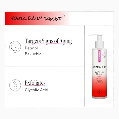 Derma E Anti-Wrinkle Cleanser – Anti-Aging Face Wash with Glycolic Acid and Vitamin A – Gentle Cleansing and Exfoliating Facial Wash Removes Makeup, Oil and Impurities, 6 oz