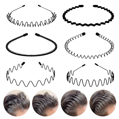 fenshine 6PCS Metal Hair Bands, Spring Wavy Hoop Unisex Black Headband Slicked Back Non Slip Sports Hairband for Women Men…