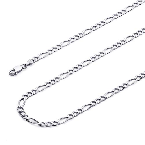 14k REAL White Gold Solid 2.5mm Figaro 3+1 Concave Chain Bracelet with Lobster Claw Clasp - 7"