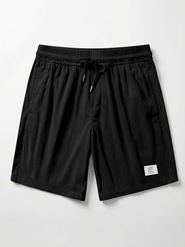 JMIERR Men Shorts Corduroy Cotton Casual 7 Inch Inseam Classic Fit Flat Front Elastic Waist Drawstring Lightweight Summer Beach Shorts for Men, L, Black