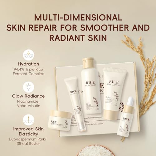 Moisturizing Korean Rice Skin Care Set – Radiance Skincare 5-Step Routine with Rice Cleanser, Toner, Serum, Face Cream, Eye Cream, Hyaluronic Acid & Ceramides for Glowing Skin, All Skin Types