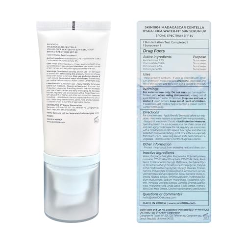 SKIN1004 Centella Hyalu-Cica Water-Fit Sun Serum UV, Korean Sunscreen SPF 50, Centella Sunscreen, Travel Essentials, Sunscreen with Hyaluronic Acid, No White Cast, Korean Skin Care, 1.69 fl.oz / 50ml