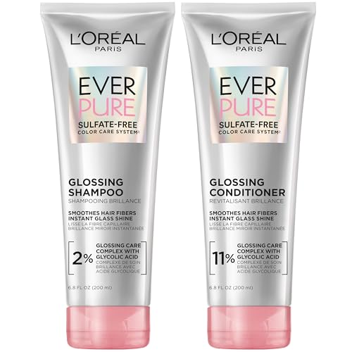 L’Oreal Paris Sulfate Free Glossing Shampoo and Conditioner Set with Glycolic Acid, Provides Intense Glass Shine & Smoothness, Suitable for Dull, Dry, and Color-Treated Hair, EverPure, 13.6 Fl Oz Set