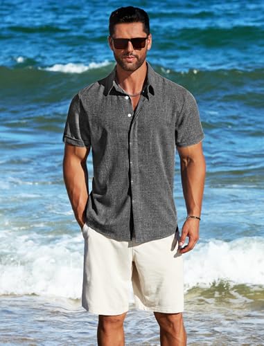 MAPICK Untuckit Shirts for Men Linen Short Sleeve Button Down Lightweight Breathable Summer Business Casual Clothes A-Dark Grey