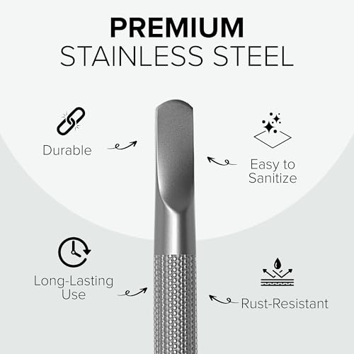 Stainless Steel Nail Cuticle Pusher with Spoon Nail Cleaner - Professional Dual Sided Fingernail Cleaner for Under Nails - Saloon Quality Dual Ended Manicure & Pedicure Tool for Cuticle Care & Nails