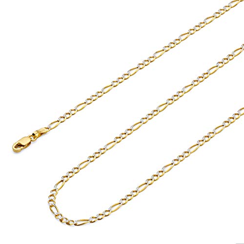 14k REAL Two Tone Gold Hollow Men's 8.5mm Bevelled Figaro 3+1 White Pave Chain Necklace with Lobster Claw Clasp - 24"