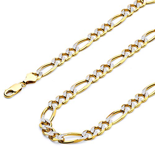 14k REAL Two Tone Gold Hollow Men's 6.5mm Bevelled Figaro 3+1 White Pave Chain Bracelet with Lobster Claw Clasp - 8"