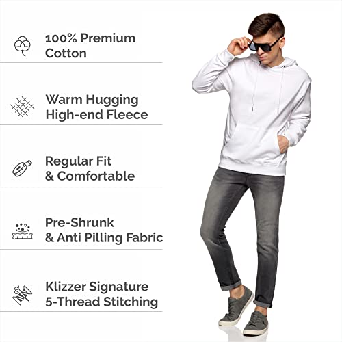 Klizzer Luxury Men's 100% Cotton Pullover Hoodie, Fleece Hooded Sweatshirt With Front Pocket (White, XL)