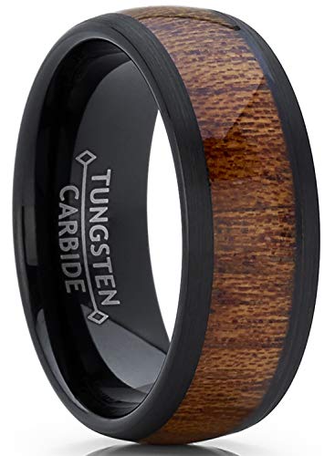 Men's Women's Black Tungsten Carbide Wedding Band Engagement Ring, Real Wood Inlay, Comfort Fit 8mm 10.5