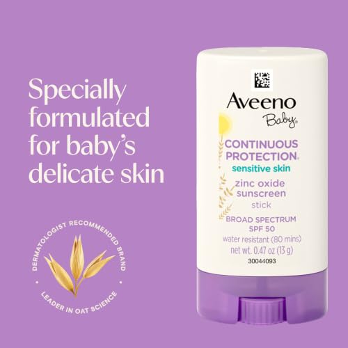 Aveeno Baby Continuous Protection Mineral Sunscreen Stick for Sensitive Skin with Broad Spectrum SPF 50 Protection for Face & Body, Naturally Sourced 100% Zinc Oxide, Travel Size, 0.47 oz