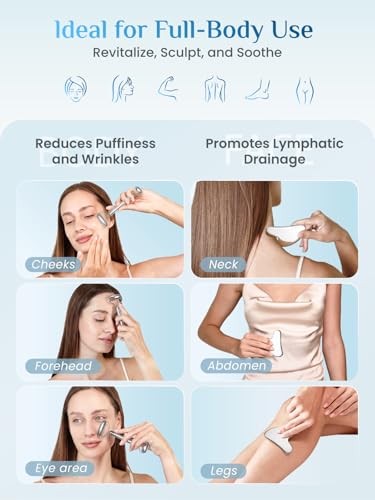 Rena Chris Gua Sha and Face Roller Set: Anti-Breakage Stainless Steel Roller for Long-Lasting Use, Jawline Sculpting and Puffiness Reducing, Gua Sha Facial Tools for Self Care Gift (Silver)