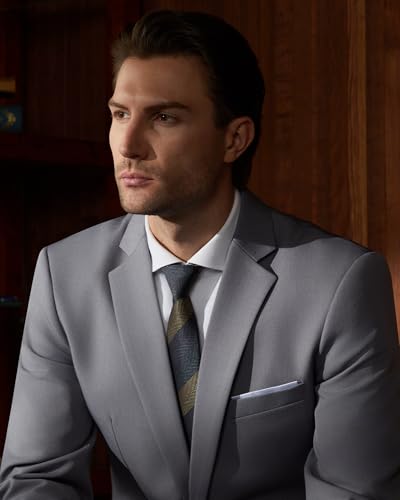 WULFUL Men's 2 Piece Suits Slim Fit Two Button Blazer Jacket Pants Set for Party,Wedding and Business Light Gray