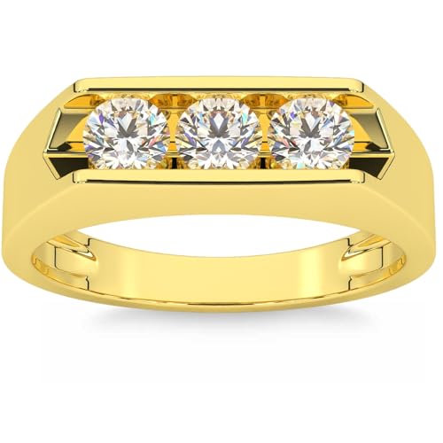 P3 POMPEII3 Pompeii 1 1/2ct Lab Grown Diamond Three Stone Mens Wedding Ring 10K Yellow Gold - Size 9.5 (G/H,VS2-SI1)