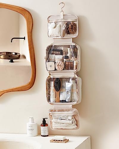 EACHY Toiletry Bag with Hanging Hook, Travel Makeup Bag PU Leather Cosmetic Bags for Women Make Up Organizer with 4 Compartments Waterproof Full-Size Portable Travel Essentials (Beige)