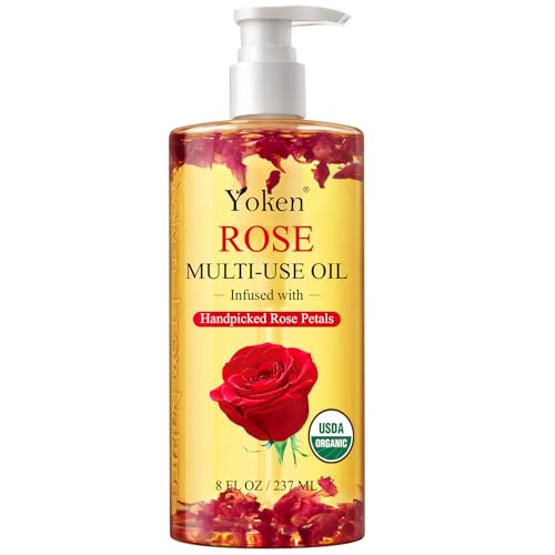 Organic Rose Multi-Use Body Oil For Skin Body, USDA Certified with Petals
