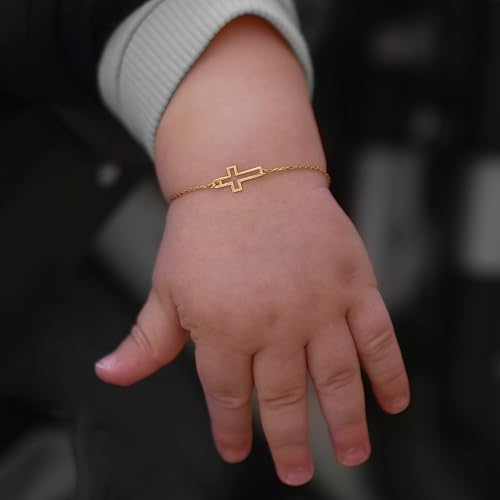 MIONZA Jewelry 14k Solid Gold Cross Bracelet for Women, Teen Girls, Baby | Real Sideways Adjustable Cross Bracelet | Gold Plated Bracelet for Women | Christian Baptism Gift