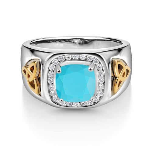 Gem Stone King 2.26 Cttw Green Turquoise and Lab Grown Diamond Men's Ring | 925 Silver and 10K Yellow Gold | Cushion Cut 8MM | Gemstone Birthstone | Available in Size 7, 8, 9, 10, 11, 12, 13 | Size 11