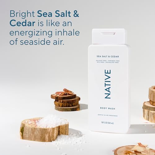 Native Clean Body Wash, Gentle & pH-balanced for Sensitive Skin, 24-Hr Freshness for Men & Women, Vegan & Cruelty-Free, Free of Sulfates, Parabens & Phthalates, Sea Salt & Cedar, 18 fl oz