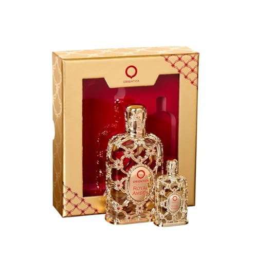 Orientica Luxury Royal Amber 2 Pc Perfume Gift Set – Notes of Vanilla, Bergamot, Pineapple - Amber Oud, Gourmand Arabic Perfume for Women & Men - Perfumes Arabes de Mujer y Hombres