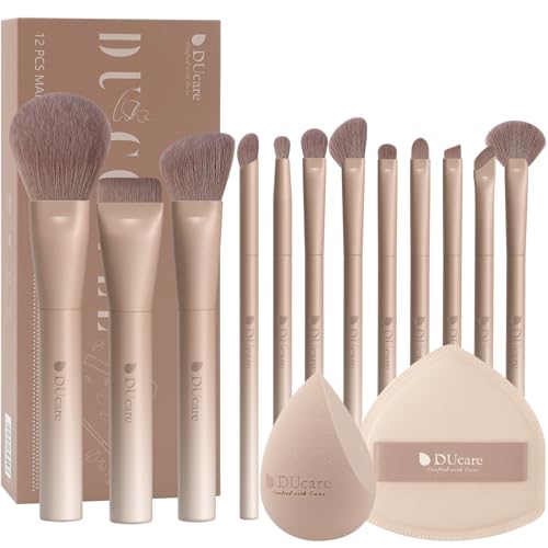 DUcare 14pcs Makeup Gift Set,12Pcs Coffee Series Makeup Brush set with 2pcs Makeup Sponges Foundation Blending Face Powder Blush Eye Shadows Brushes
