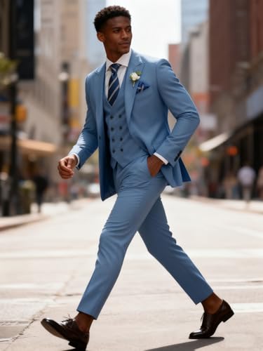 TIJOFA Dusty Blue Suits for Men 3 Piece Suit Slim Fit Double Breasted Men's Dusty Blue Tuxedo Elegant Classic Fit Wedding Formal Business Prom Party Tuxedo Classic Groom Dinner Casual XS