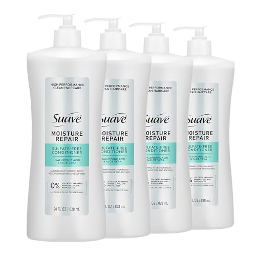 Suave Moisture Repair Sulfate-Free Conditioner with Hyaluronic Acid & Aloe Vera, Hydrates & Restores Dry, Damaged Hair, 4 Count, 28 FL OZ
