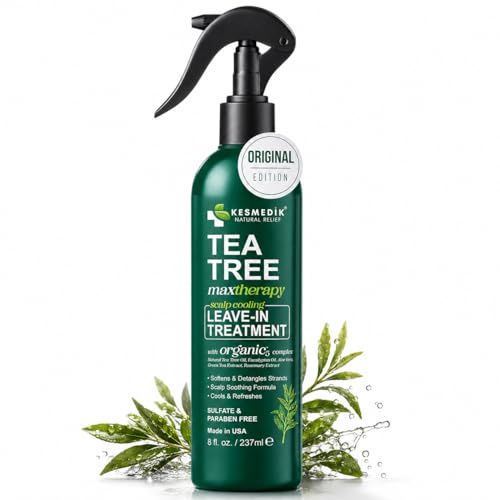 KESMEDIK Tea Tree Oil Leave-In Conditioner Treatment & Detangler Spray for Flaky Itchy Scalp Care, Anti Thinning Formula with Biotin for Soft, Healthy-Looking Hair, Sulfate-Free, Men & Women