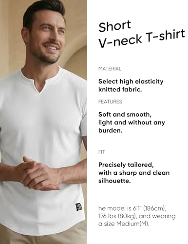 JMIERR Men's Muscle Slim Fit T-Shirt V Neck Hipster Longline White Henley Shirt Short Sleeve Gym Workout Athletic Fitted Tees Shirts for Men,US 43(L)