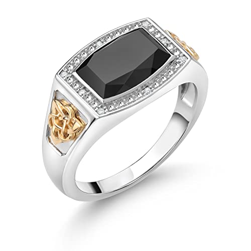 Gem Stone King 4.51 Cttw Black Onyx and White Lab Grown Diamond Ring For Men | 925 Silver and 10K Yellow Gold | Emerald Cut 11X8MM| Size 10