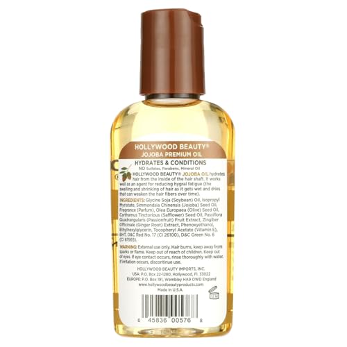 Hollywood Beauty Jojoba Hair Oil, Light, Non-Greasy, Hydrates & Conditions Hair, Anti-Frizz Fighter, Scalp Soothing, Hot Oil Treatment (2 Ounce Bottle)