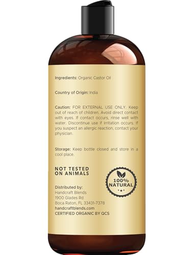 Handcraft Blends Organic Castor Oil 16 Fl Oz | 100% Pure and Natural | Premium Grade Carrier Oil | Hair, Eyelashes and Eyebrows | Hair and Body | Expeller-Pressed | Hexane-Free