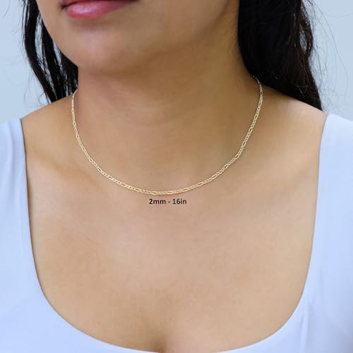 Nuragold 10k Real Yellow Gold Figaro Link Pave Diamond Cut Chain Necklace - 20",2mm