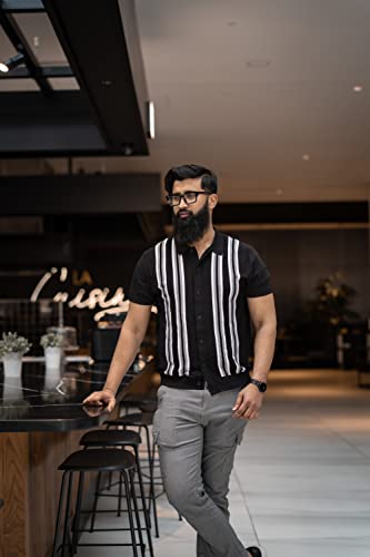 PJ PAUL JONES Mens Short Sleeve Knitted Polo Shirts Vintage Striped Summer Knit Shirt Mens Collared Shirts Short Sleeve Black L