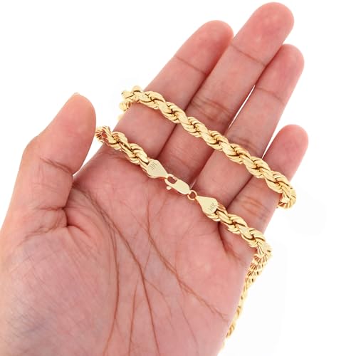 Nuragold 14k Real Yellow Gold Rope Chain Diamond Cut Mens Necklace - 7mm - 24"
