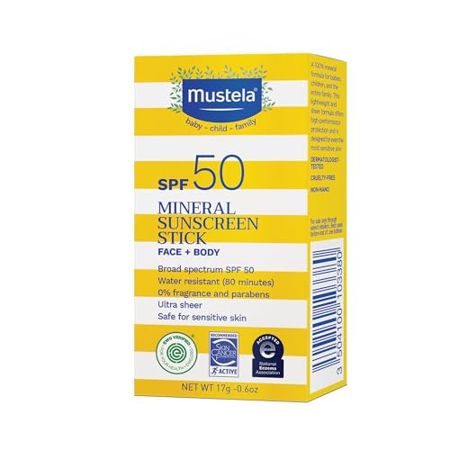 Mustela Baby Mineral Sunscreen Stick SPF 50 Broad Spectrum - Face & Body Sun Stick with 70% Organic Ingredients - Ultra Sheer, Water Resistant & Fragrance-Free - 0.6 oz.