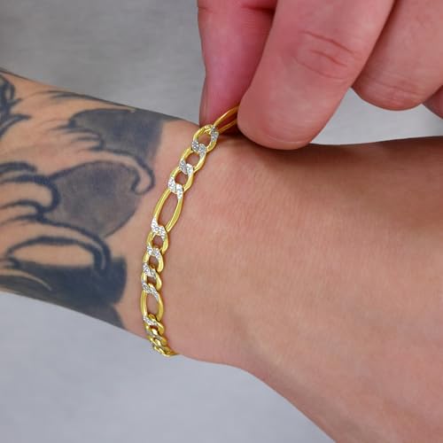 Nuragold 10k Real Yellow Gold Figaro 5.5mm Pave Diamond Cut Chain Bracelet - 8"