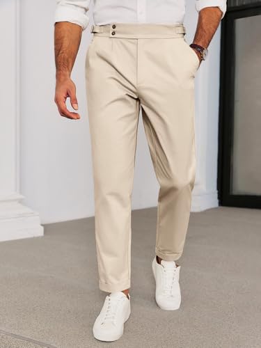Runcati Mens Chinos Cotton Pants Slim Fit Pleated Front Dress Pants Casual Stretchy Tapered Trousers Apricot