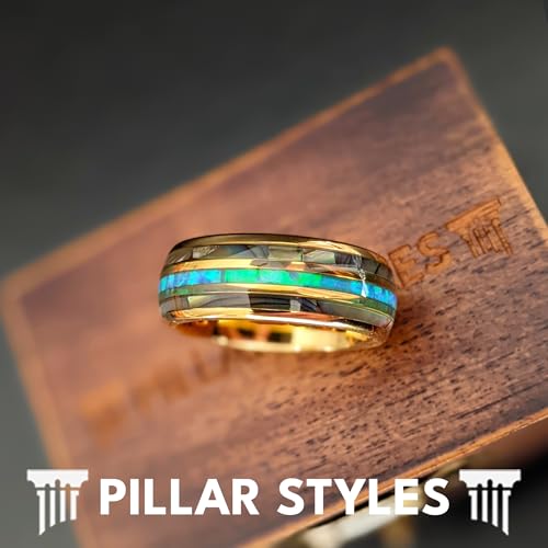 Blue Opal Ring 14K Gold Wedding Band Tungsten Rings with Abalone Inlay 8mm Yellow Gold Mens Wedding Bands Tropical Nature Inspired Gifts for Him