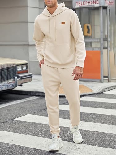 JMIERR Mens Tracksuits 2 Piece Sweatpants Set Airport Outfits Long Sleeve Hoodie Sweatshirt & Joggers Sweatpants, Fall Tracksuit Sweatsuits Matching Lounge Sets, X-Large, Beige