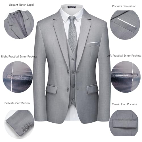 WULFUL Men's 3 Piece Slim Fit Suit Set Two Button Blazer Jacket Vest Pants Tuxedo Set for Party, Wedding and Business Light Gray