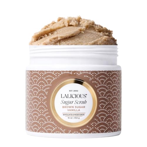 LALICIOUS Brown Sugar Vanilla Exfoliating & Moisturizing Body Scrub | Coconut Oil | Pre-Shave Scrub for Ingrown Hairs & Razor Bumps | Gently Buffs & Smooths Sensitive Skin | No Parabens Large 16oz