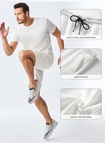 JMIERR Mens Casual Gym Shorts Stretch Elastic Waist Drawstring Waffle Workout Gym Shorts Lounge Basketball Running Joggers Shorts with Pockets,US 34(M),White